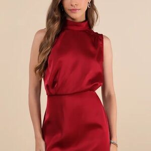 Lulu's Classic Elegance Wine Red Satin Sleeveless Mock Neck Mini Dress